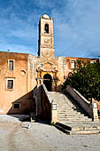 Hania, the Akrotiri peninsula. The Ayía Triádha Moní Zangarólo monastery. The high bell-tower (built in 1864) loom over the entrance of the precinct walls.